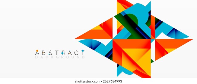 Bright geometric shapes overlap, creating dynamic abstract composition. Vivid colors contrast against white background. Modern design element.