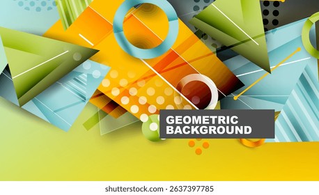 Bright geometric shapes overlap, creating dynamic abstract background. Yellow, orange, green, blue hues dominate composition. Modern design.