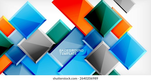 Bright geometric shapes overlap, creating dynamic abstract composition. Colors include blue, orange, green, gray. Modern design element.