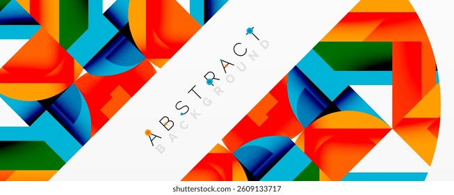Bright geometric shapes overlap. Orange, blue, green, black colors create dynamic composition. Modern design element for backgrounds, presentations.