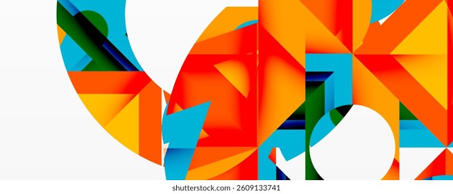 Bright geometric shapes overlap. Orange, red, turquoise, white create dynamic composition. Modern design, abstract art, vibrant colors, clean lines.