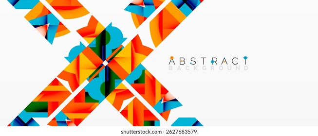 Formas geométricas brilhantes se sobrepõem ao espaço em branco. Cores vivas criam composição abstrata dinâmica, elemento de design moderno.