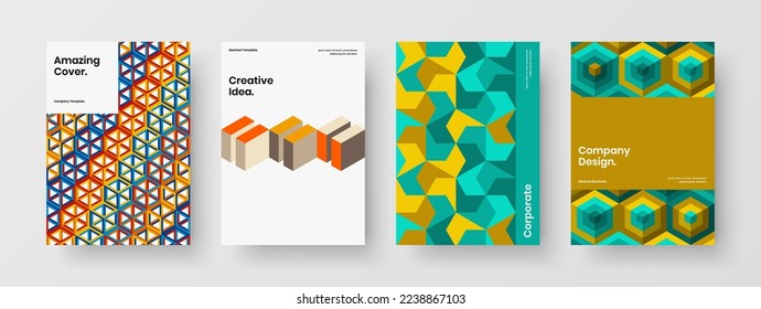 Colección de plantillas de folletos de formas geométricas luminosas. Conjunto de conceptos vectoriales de diseño de portada de asientos coloridos.