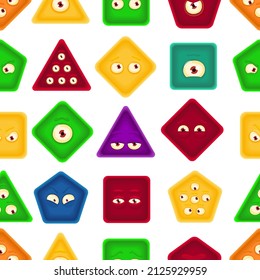 Bright geometric shapes seamless pattern with face emotions. Square, triangle, rhombus, hexagon forms with eyes. Hand drawn vector texture for kids. Cute funny characters for textile, print, wrapping