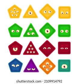 Formas geométricas brillantes con emociones faciales. cuadrado, triángulo, rhombus, hexágono se forma con ojos. Ilustración vectorial dibujada a mano para los niños. Personajes graciosos. Aislado sobre fondo blanco.