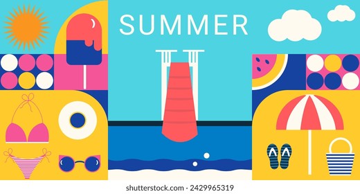 Bright geometric summer background .The concept of a summer vacation on the beach. Suitable for banners, postcards, and advertisements.Vector illustration.