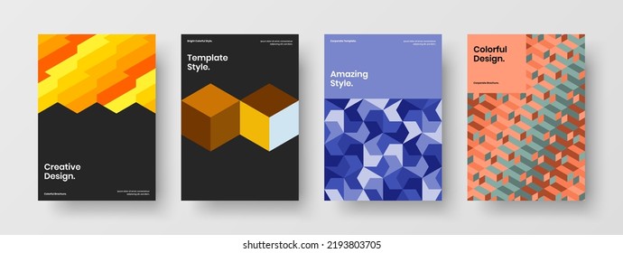 Bright geometric tiles brochure illustration composition. Isolated presentation design vector concept set.