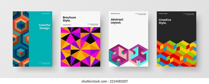 Bright geometric tiles flyer concept composition. Unique booklet A4 vector design template bundle.