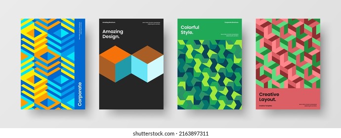 Bright geometric tiles front page concept collection. Creative magazine cover design vector illustration set.