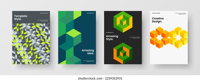Bright geometric tiles leaflet concept composition. Multicolored brochure design vector illustration bundle.