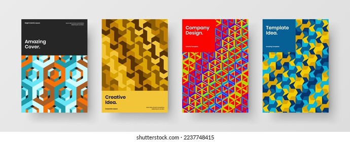 Colección de ilustraciones de folletos con azulejos geométricos brillantes. Sencilla composición de plantillas de diseño de vector A4 de postal.