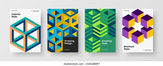 Bright geometric tiles postcard illustration bundle. Trendy flyer A4 design vector concept collection.