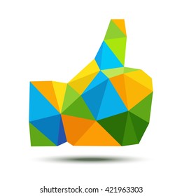 Bright geometric triangle polygonal thumb up icon using Brazil flag colors 2016, vector illustration. Brazil colors triangular thumb up hand emblem. Business and technology Brazil logo vector concept.