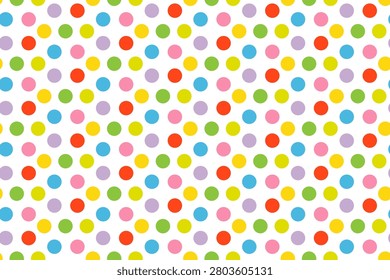 Bright geometric vector background with multicolored polka dots arranged in a seamless repeat pattern over a blank white backdrop. Vector illustration