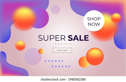 Bright geometric vector template with smooth purple and orange shapes and flying balls and light background and lettering super sale 