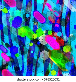 Bright geometrical elements on blue background. Abstract seamless pattern