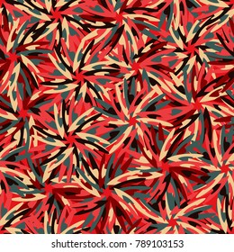 Bright geometrical seamless pattern with abstract flowers made out of hearts. Warm tropical colors.