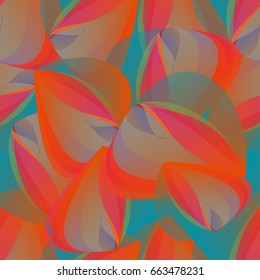 Bright geometrical  seamless pattern with exotic floral motifs. Red, brown, turquoise colors, halftones. Hawaiian holidays, tropical motifs.