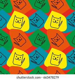Bright geometrical seamless pattern with simple smiling cat silhouettes placed on colorful spots. Funny childish texture. Orange, blue, yellow and green colors.