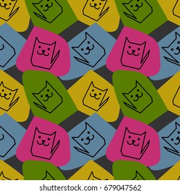 Bright geometrical seamless pattern with smiling cat silhouettes placed on colorful spots. Pink, blue, green and yellow colors.