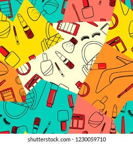 Bright geometry pattern with women's shoes, inscriptions, cosmetics.