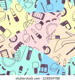 Bright geometry pattern with women's shoes, inscriptions, cosmetics.