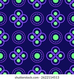 Bright geometry seamless pattern of round elements. Neon green and purple circular motifs on dark background. Magic glow halloween for holiday celebration