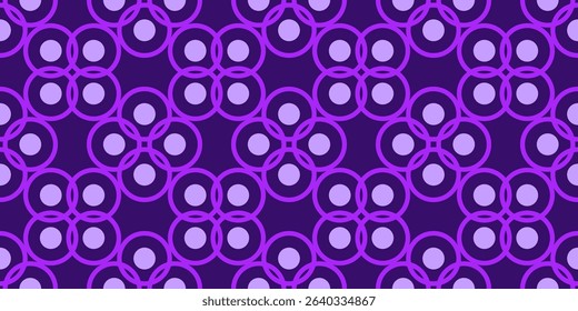 Bright geometry seamless pattern of round elements. Neon purple violet circular motifs on dark background. Magic ornament of shades purple