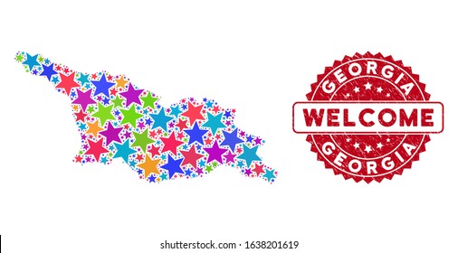 Bright Georgia map composition of stars, and scratched round red WELCOME stamp seal. Abstract territory scheme in bright shades. Vector Georgia map is formed of bright stars. Designed for political,