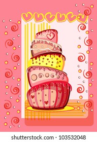 Bright gift birthday cake. Postcard with place for your text. Vector eps10 illustration. Raster file included in portfolio