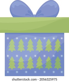 Bright gift box. Festive packaging decorated with the image of Christmas trees. A box decorated with a bow. Christmas gift box, vector illustration isolated on white background