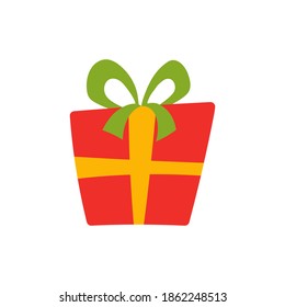 Bright gift box. Flat style red packaging with yellow ribbon and green bow. A holiday gift for birthday, New Years or Christmas holidays. Cartoon vector illustration.