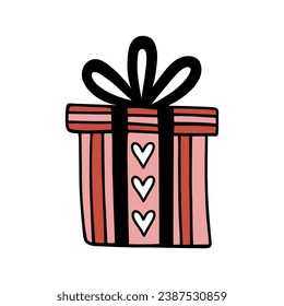 Bright gift box with a present inside, vector icon. Holiday surprise with ribbon, bow, hearts. Striped red-pink container for Birthday, Valentines Day, party. Hand drawn doodle isolated on white