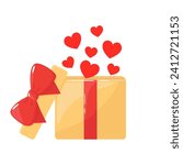 Bright gift box with red bow and flying hearts. Love gift, present for Valentine's day. Vector illustration on white background. Detailed cartoon element for holiday patterns, packaging, designs