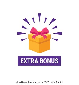Caja de regalo brillante con Vector de cinta y etiqueta de bonificación adicional, ideal para promociones, recompensas, descuentos y diseños de marketing.