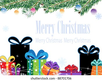 Bright Gift Boxes and fir branches. Christmas background