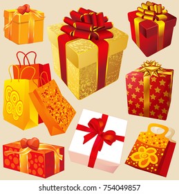 Cajas de regalo brillantes con cintas de color rojo y oro elemento de diseño vectorial para Navidad y año nuevo, boda y decoración de cumpleaños diseño eltynt set.