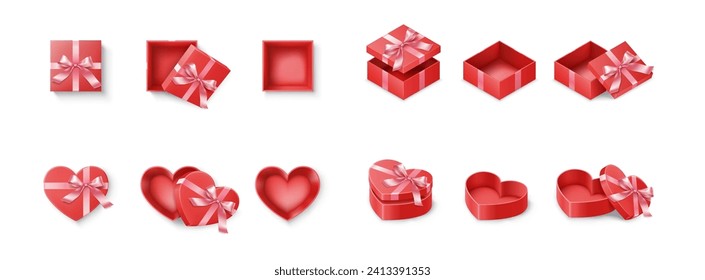 Bright gift boxes with silk ribbons realistic vector illustration set. Red present packaging with decorative bows 3d elements on white background