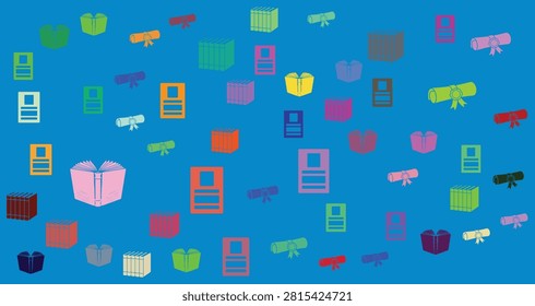 Bright gift boxes in various colors with ribbons scattered on a lively blue background ideal for holiday celebrations and gift exchange visuals