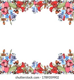Helle Geschenkkarte mit Kopienraum. Rechteckiger horizontaler Rahmen. Zwiebeln, Wildblumen, Mohn, Lilie des Tals, Hedgehog-Beeren, Kornblume mit Blättern auf Weiß. Stockmoderne, handgezeichnete Vektorgrafik