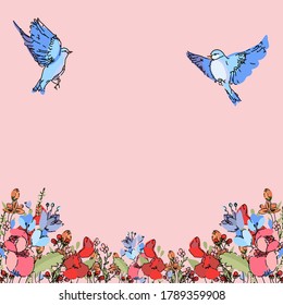 Bright gift card with copy space. Flying blue birds, peonies, poppy, wildflowers, lily of the valley, hedgehogs berries, cornflower with leaves on a pink. Stock Modern Hand Drawn Vector