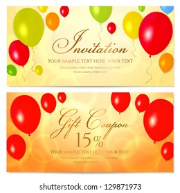 Bright Gift coupon (voucher, invitation or card) template with colorful balloons background. Vector layout in golden (yellow), red and orange colors