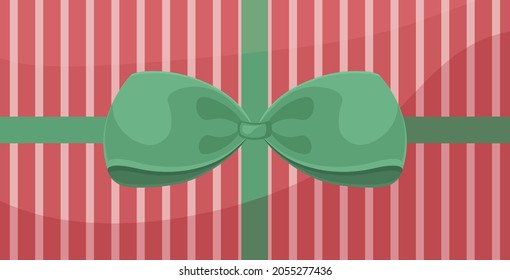 Bright gift packaging. The festive packaging is decorated with red stripes and a large green bow. Christmas gift box, vector illustration isolated on white background