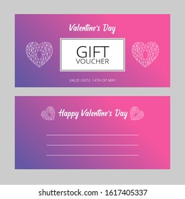 Bright gift voucher with white hearts on the purple gradient background. Valentine day (14th February) vector discount coupon. Standard scaled size: 210*99 mm