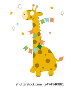 Bright giraffe with colored birthday flags on a white background