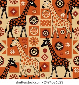 bright giraffes on a background of floral patterns