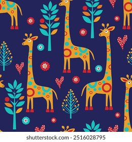 bright giraffes on a background of floral patterns