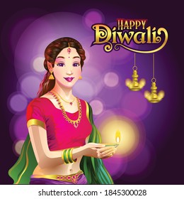 Bright Girl Holding Diwali Lamp