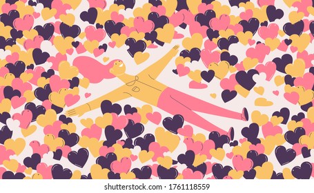 Bright girl making snow angel in likes, hearts, valentines. Happy female character drawn in outline and vibrant pink and yellow. Social popularity illustration