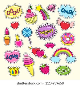 Bright girlish stickers of pink and red colors set. Ice cream in cone, cute hearts, shiny rainbows, sweet donut, cherry cupcake vector illustrations.